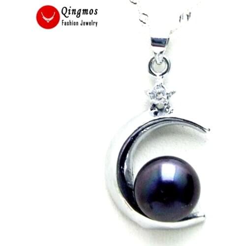 Qingmos 18mm Moon Pendant Necklace for Women with 9-10mm Flat Round Natural Black Pearl Necklace 17" Chain Chokers 17" Jewelry