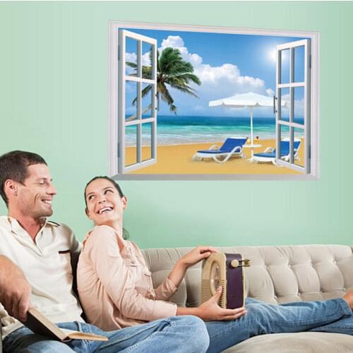Beach Seascape Fake Window Bedroom Living Room Background Decoration Removable Wall Sticker
