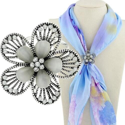 Antique Silver/Gold Alloy Metal Crystal Opal Flower Scarf Buckle Ring Clip