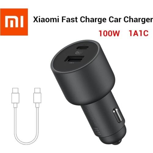 Original Xiaomi 100W/37W Car Charger Dual USB Quick Charge Mi Car Charger USB-A USB-C Dual Output LED Light With 5A Cable