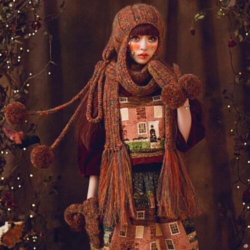 BomHCS Fashion Beanie Scarf & Gloves Cute Women Winter Warm Thick 100% Handmade Knit Hat Caps