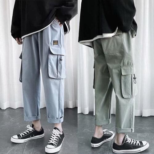 2020 Hip Hop Cargo Pants for Men Kpop Versatile Baggy Leggings Straight Leg Preppy Style Male Casual Pants Straight Safari Black