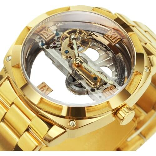 Forsining Transparent Skeleton Watch for Men Mechanical Square Golden Bridge Mens Watches Top Brand Luxury Steel Band relogio