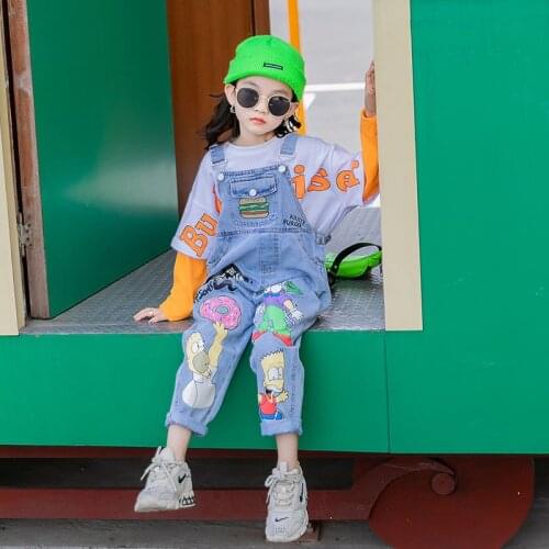 Kids Girls Cartoon Overalls 10 12 years Jeans Spring Autumn Fashion Casual Teenage Girls Pants