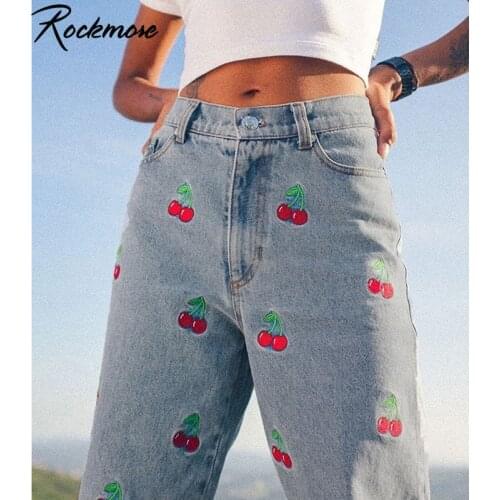 Rockmore Cherry embroidery High Waist Jeans For Women Pockets Vintage Pencil Pants Korean Harajuku Streetwear Cute Denim Joggers