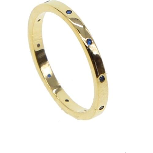Gold color band ring inset blue cubic zirconia cz high polished simple fashion finger rings simple bands