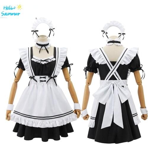 7 Piece Set French Maid Outfit Lolita Cosplay Dresses Girls Amine Cute Waitress Cafe Woman Dress Sissy Maid Costumes Uniform