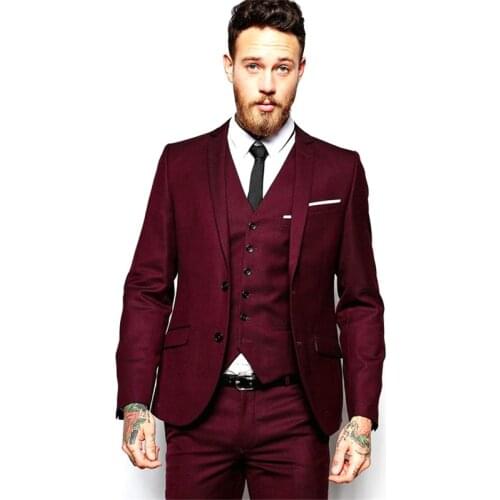 New Arrival Costume 3 Pieces Slim Fit Wedding Tuxedos Burgundy Peak Lapel Groomsmen Wear Costume Homme Mens Prom Blazer