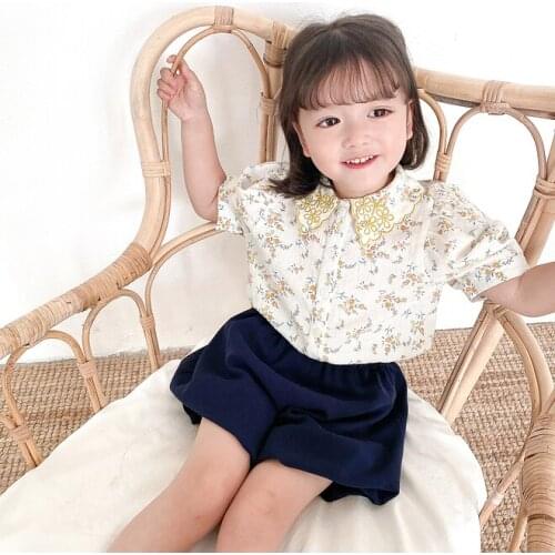1-8Yrs Toddler girls lace blouse summer yellow flower embroidery short sleeve kids shirt for girls tops children jackets outwear
