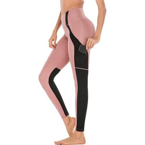 Hit Color Patchwork Fitness Leggings Side Mobile Phone Pocket Pants Push Up Slim Leggings