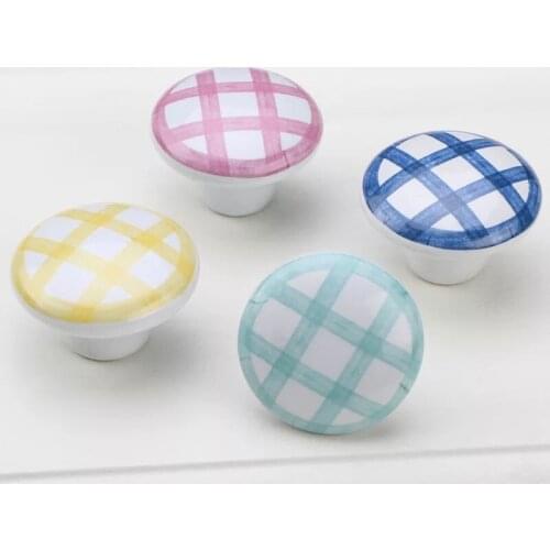 Top sale Dresser Knobs Round Colored Ceramic Drawer Pulls for Kids Simple Plaid pattern Door Cabinet Handles Funiture Hardware