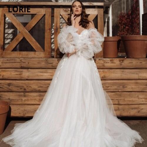 LORIE Vintage Wedding Dresses Puff Sleeves Sweetheart Appliques Lace Off the Shoulder Wedding Boho Bridal Gown suknia slubna