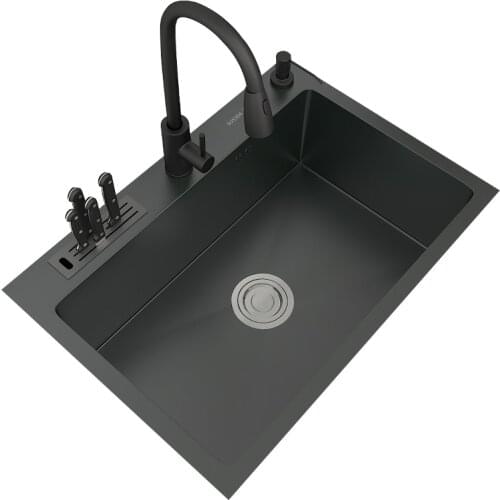 60x45cm Nano Kitchen Sink Single Sink with Knife Holder Hand-thickened 304 Stainless Steel Black Washbasin Kichen Sink ATR82