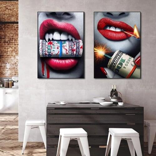 NEW Red Sexy Lips And Dollar Gun Bullet bomb Canvas Painting Female Figure Poster Wall Art Living Room bedroom Home Decoration