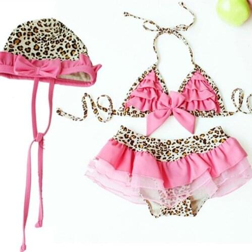 2020 New Childrens Swimsuit Infant Girls Leopard Pattern Bikini Girl Beachwear Girls Bikini Two-piece Split Swimsuit With Cap