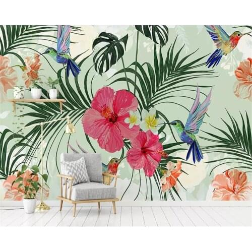 Beibehang Custom wallpaper hand drawn tropical plants leaves leaf Flamingo TV sofa background wall papel de parede 3d wallpaper