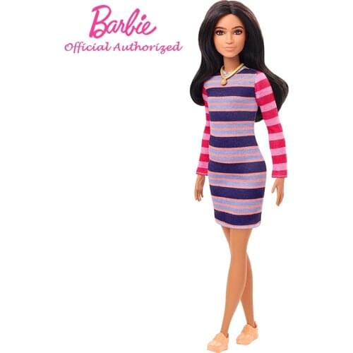 Original Barbie Fashionista Kid Toy Long Brunette Hair Wearing Striped Dress Accessories Changing Doll Beautiful Box GYB02