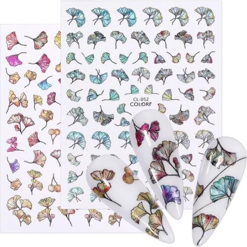 Holographics Laser 3D Nail Stickers Ginkgo Fan Leaf Shiny Transfer Sliders Lucky Clover Nail Decals Fashion Manicures Foils
