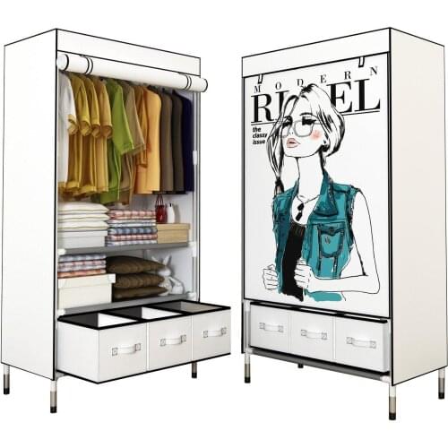 Portable Clothes Closet Rolling Door Wardrobe Sturdy Rust-Proof Stainless Steel Frame Fabric Cover Storage Organizer with Drawer