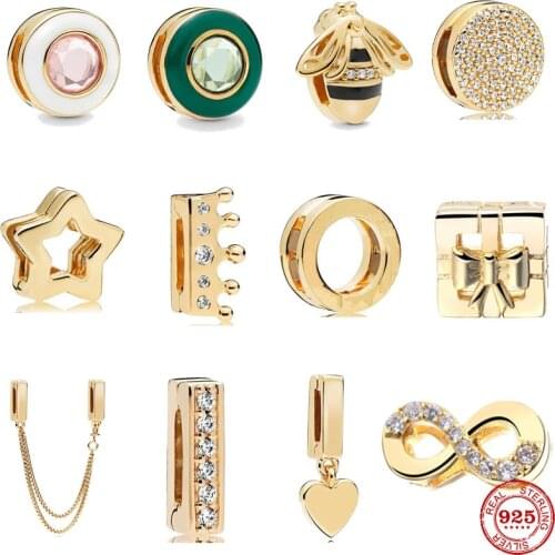 Gold color Reflexions round bow crown present pave Clip diy Beads Charms Fit Original Pandora charms silver 925 Women Bracelet