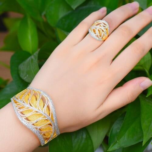 KellyBola Luxury Two-layer three-dimensional Feather Leaf Bangle Ring Jewelry Set for Women Bridal Wedding Engagement Jewelry