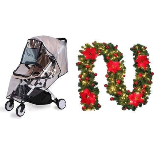 9 Ft Pre-Lit Garland Christmas Illuminated LED Light Flower Ball Red with Stroller Rain Cover Universal