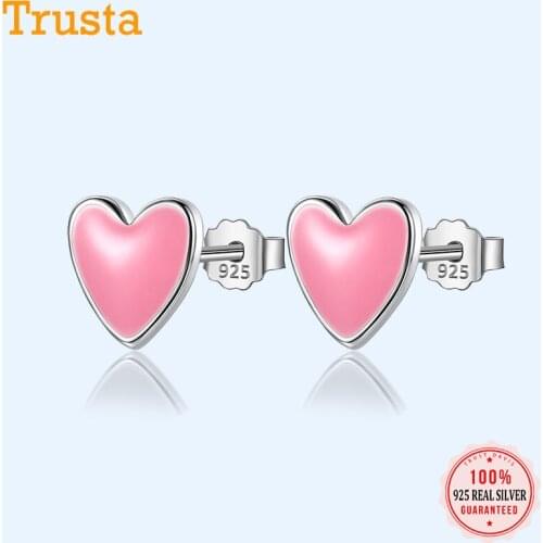 Trusta 2019 100% 925 Solid Real Sterling Silver Fashion Tiny Pink Glaze Heart Stud Earrings For Women Girls Fine Jewelry DS03