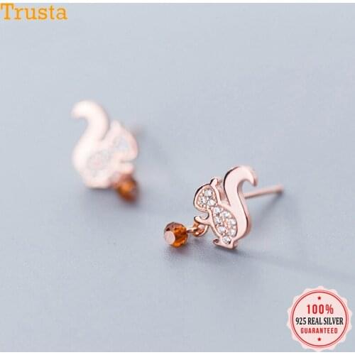 Trusta Genuine Fashion 925 Sterling Silver Sweet Little Squirrel Dazzling CZ Earring For Women Girl Wedding Jewelry Gift DS2441