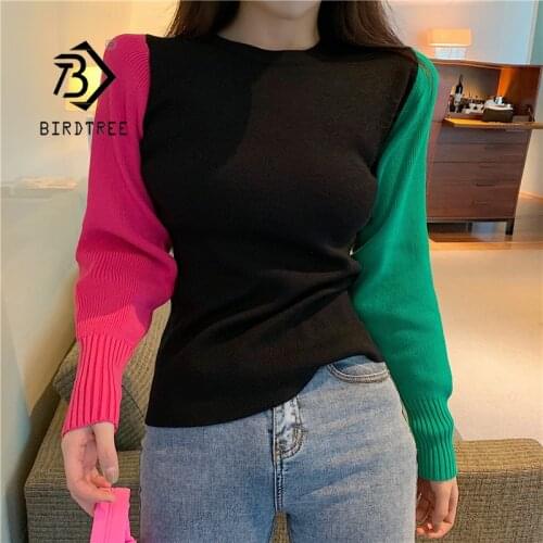 2020 Autumn Winter Womens Sweater Long-Sleeved O-Neck Patchwork Tops Loose Korean Style Pullover T07001R