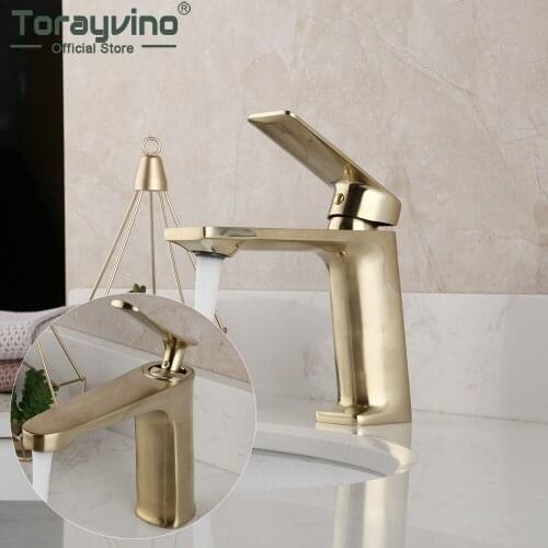 Torayvino Solid Brass Bathroom Brushed Gold Faucet Single Handle Deck Mounted Basin Sink Faucets Washbasin Hot & Cold Mixer Tap