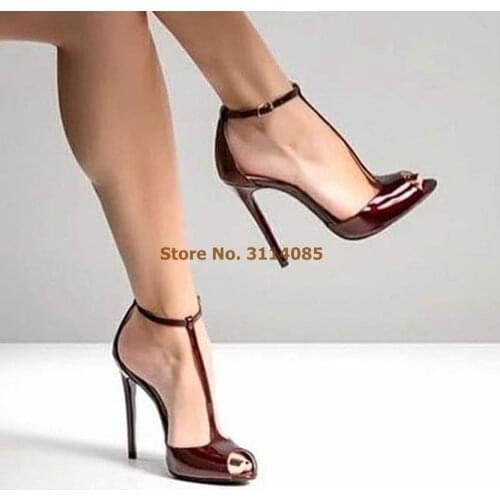 Women Stiletto Heels Wine Red T-strap Pumps Burgundy Patent Leather Open Toe T-bar Wedding Shoes Covered Heel Ankle Strap Shoes