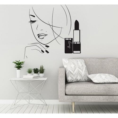 Beauty Salon Vinyl Wall Decal Beautiful Woman Spa Makeup Cosmetics Lipstick Wall Stickers Mural for Girls Rooms Bedroom G181