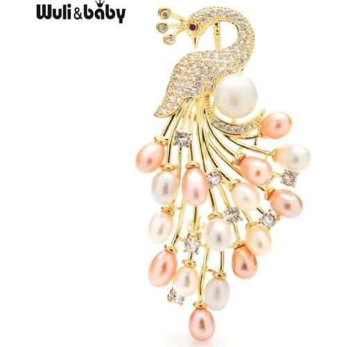 Wuli&baby Luxury Natural Pearl Peacock Brooches Women Unisex Cubic Zirconia Big Bird Party Office Brooch Pins Gifts