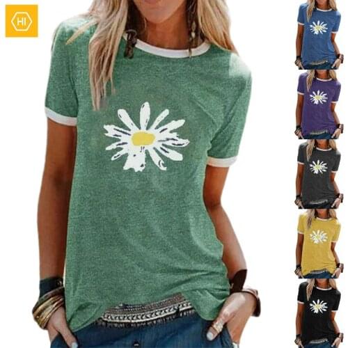 2021 Summer Womens T-shirts Casual Loose Small Daisy Pattern Printed T-shirt Round Neck Short Sleeve T Shirt Harajuku Tops