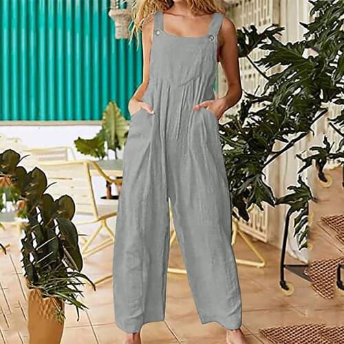 Women Summer Rompers 2021 Casual Loose Solid Buttoned Suspender Jumpsuits Femme Overalls Full Length Jumpsuits