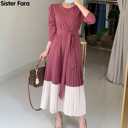 Sister Fara Spring Elegant Patchwork Womens Dress O-Neck Elastic Waist Lace Up Loose Dress Autumn Ladies Long Sleeve Dresses