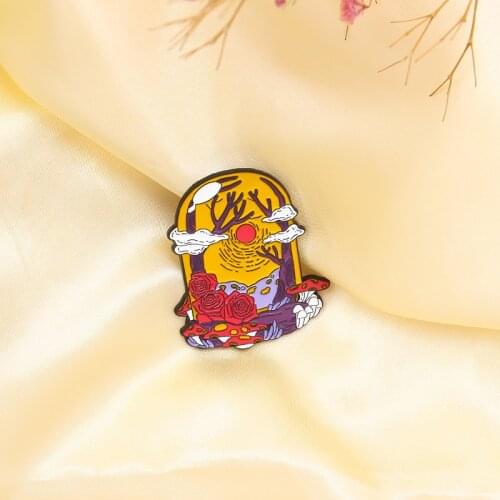 Yellow glass cover creative Badge Dusk sunset Old dead rattan tree red rose Mushroom Enamel Brooch Bell shaped Punk Lapel Pin