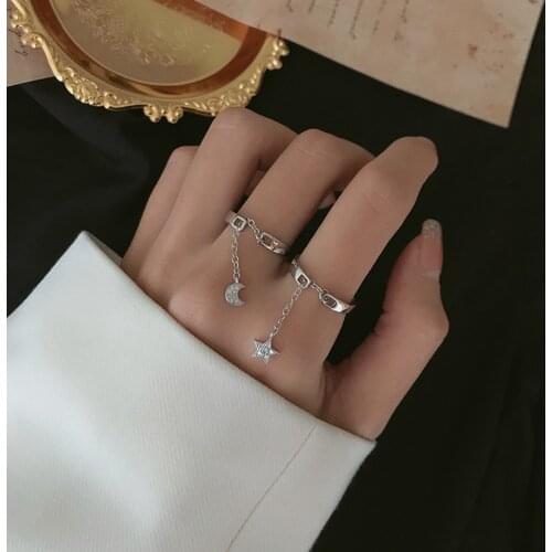 1 Pcs Women Rings Bohemia Moon Stars Pattern Open Silver Color Chain Ring Simple Female Beach Party Jewelry Gifts Vintage Rings