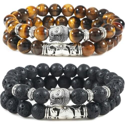 2pcs/Set Tiger Eye Beads Mens Bracelet Black Natural Volcanic Rock Stone Friendship Classic Elastic Bracelets&Bangles For Women