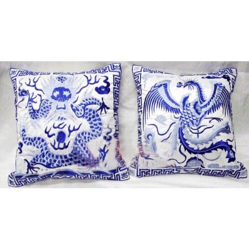 2pcs Vintage Blue And White Porcelain Silk Embroiderd Seet/Back Cushion