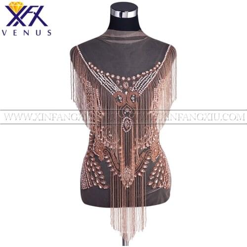 XFX VENUS 1 Piece Handsewn rose Rhinestones applique beads patches large size trimming motif for women Clothes Fabric Fringe