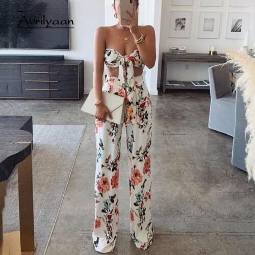 Avrilyaan Multi Bohemian Printed Two Piece Set Strapless Top And Long Pant Summer Women Set 2020 Casual 2 Piece Set Women Outfit