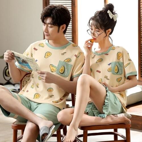 Kawaii Green Ruffle Shorts Avocador Women Pajamas Set Casual Short Sleeve Cotton Summer Couple Sleepwear Plus Size Mens Pajamas