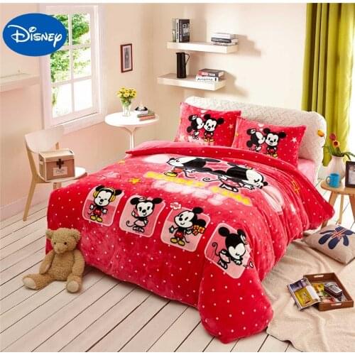 Mickey Minnie Mouse Print Flannel Comforter Bedding Set Twin Full Queen Size Bedspread Girls Bedroom Decor Warm Soft Winter Red