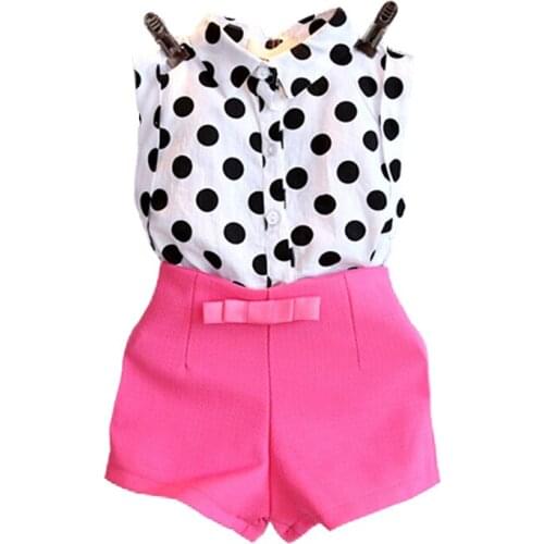Summer Fashion Girls Baby Kids Black & White Polka Dot Shirt Tops Pink Bow Short Pants Shorts Outfit 2pcs Set