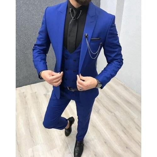 2020 Mens Suits Royal Blue 3 pieces Notch Lapel Tuxedos Slim Fit Double breasted Groomsmen Vest For wedding (Blazer+Vest+Pants)