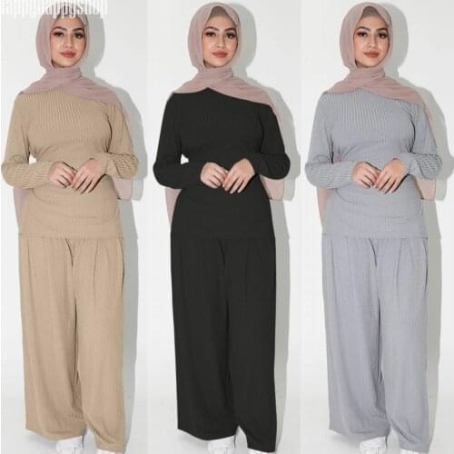 OL Style Women Solid Color Outfits 2 Piece Soft Long Tops/Blouse and Pants/Trousers Turkish Dubai Fashion Muslim Femme Suit