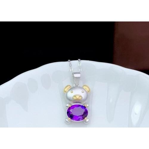 Pig style purple amethyst gemstone pendant for girl silver fine necklace fireworks cut bright purple color birthday party gift