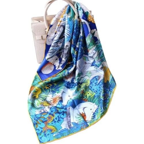 Luxury Scarf 100% Twill Silk Kerchief Women Fashion Animal Castle Print Shawl Hijab Hand Rolled Bandana Square Turban 35"x35"