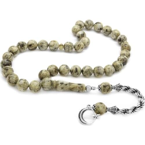 Tesbihane 925 Sterling Silver Rope Tassels Sphere Cut Dalmatian Drop Amber Prayer Beads